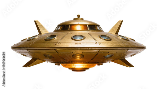Fotografie Retro golden flying saucer with glowing lights, isolated on transparent backgrou