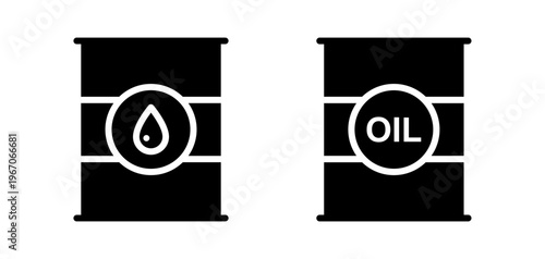 Oil barrel icon on solid black icon representing two oil barrels, one featuring a white oil drop symbol and the other the word OIL, on a transparent background.