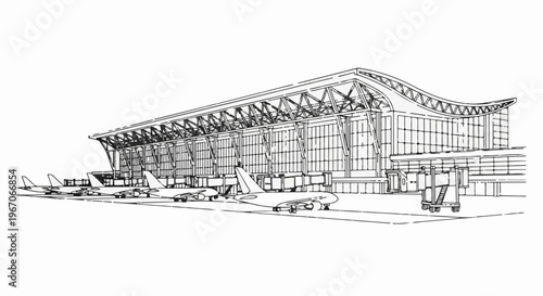 Line drawing of a modern airport terminal with jet bridges and parked airplanes