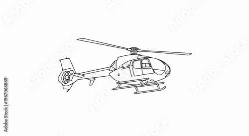 Line drawing of a modern helicopter in flight, white background