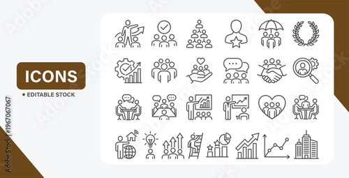 Business teamwork and leadership line icon set for strategy, growth, and corporate collaboration