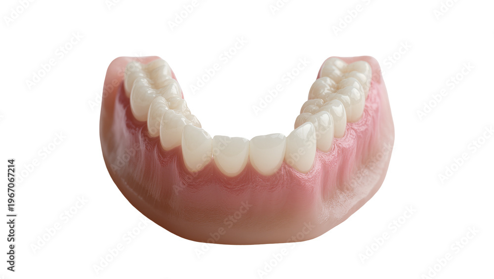 Obraz premium Full set of upper dentures with pink gum base, isolated on transparent background