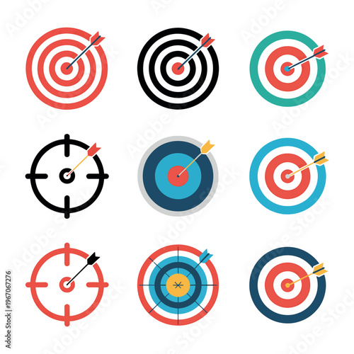 Colorful Target Bullseye Icon Set Vector, Goal Achievement Symbols