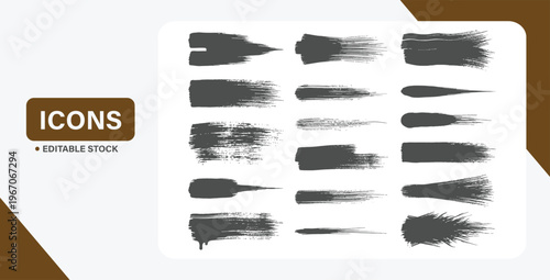 Black brush stroke banner vector set with grunge paint smears and ink texture elements
