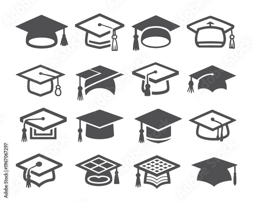 Graduation Cap Icon Set for University Degree and Academic Achievement Vector