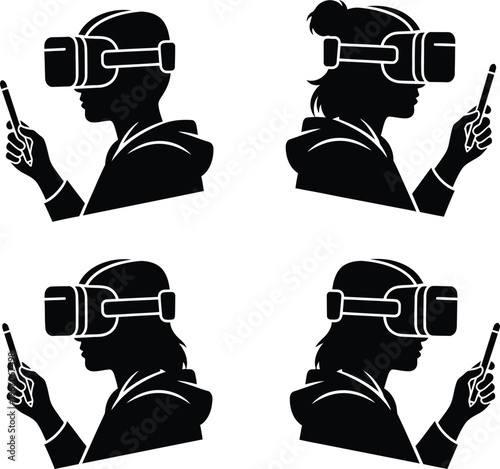 VR User Silhouettes Set - People in Virtual Reality Headsets with Stylus Pen Vector Art Illustration