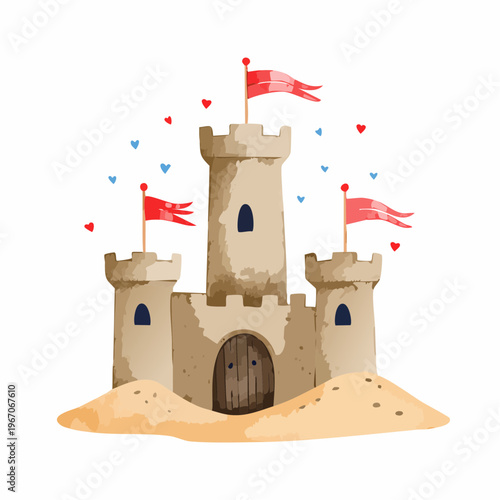 Niedliche Aquarell-Sandburg mit roten Fahnen – Kinderfreundliche Illustration