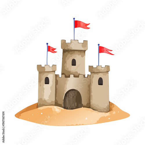 Niedliche Aquarell-Sandburg mit roten Fahnen – Kinderfreundliche Illustration