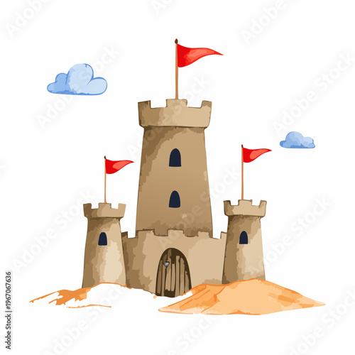 Niedliche Aquarell-Sandburg mit roten Fahnen – Kinderfreundliche Illustration