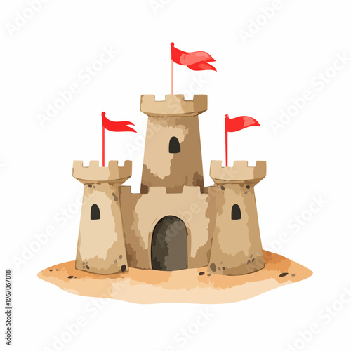 Niedliche Aquarell-Sandburg mit roten Fahnen – Kinderfreundliche Illustration