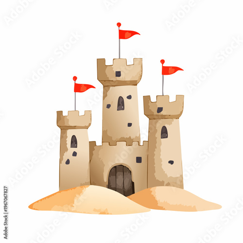 Niedliche Aquarell-Sandburg mit roten Fahnen – Kinderfreundliche Illustration