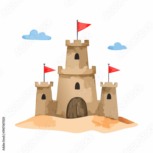 Niedliche Aquarell-Sandburg mit roten Fahnen – Kinderfreundliche Illustration