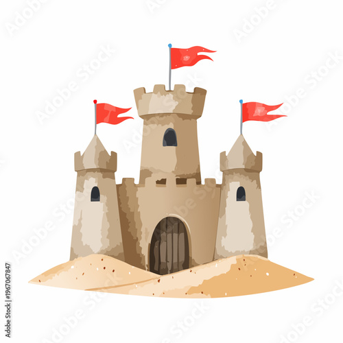 Niedliche Aquarell-Sandburg mit roten Fahnen – Kinderfreundliche Illustration