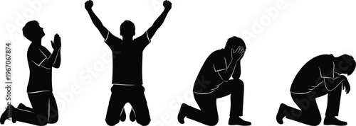 Man praying silhouette set, kneeling people poses, prayer worship emotion, faith spirituality, sadness hope, human gesture, isolated vector illustration