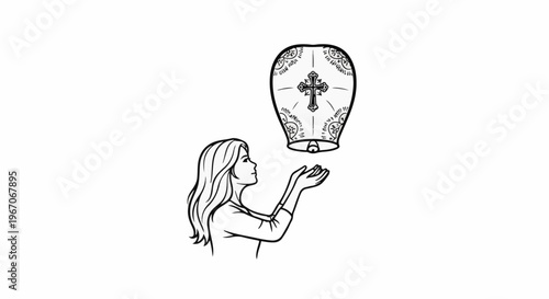 Line drawing of a woman releasing a decorated sky lantern with a cross