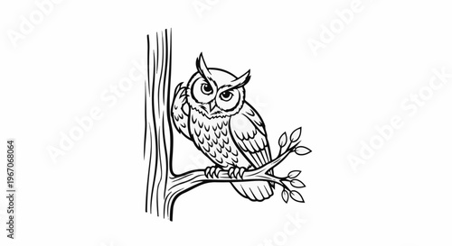 Line drawing of an owl perched on a tree branch with leaves