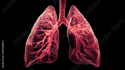 Lungs, human anatomy, respiratory system, detailed structure, health and biology, medical illustration, organ function, oxygen exchange, internal view, science concept