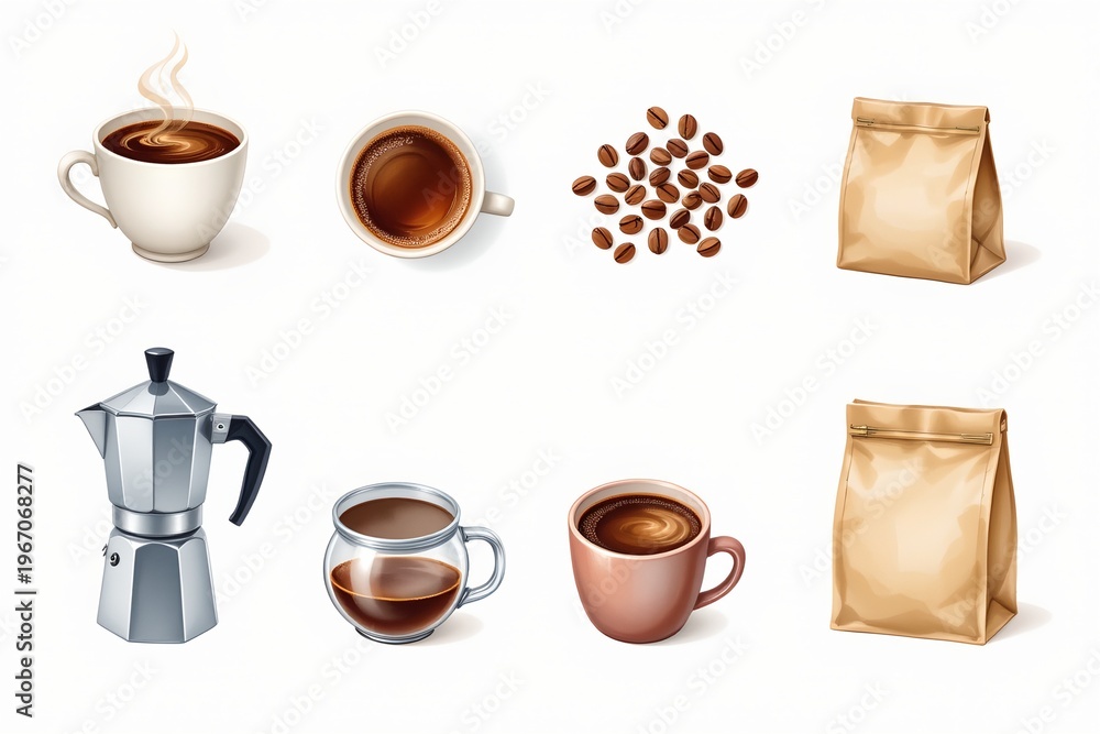 Obraz premium Watercolor Coffee Items Collection Flat Lay Style