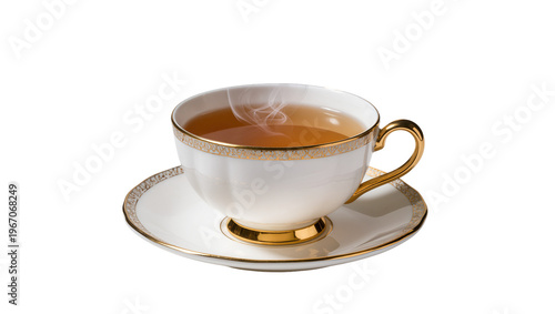 Elegant white porcelain teacup with gold trim and saucer steaming hot tea, isolated on transparent background