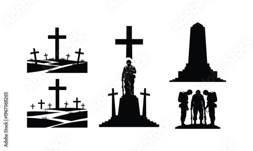 Military memorial monuments and soldiers vector silhouette illustration, war objects