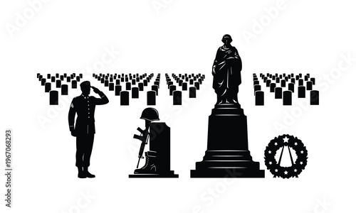 Military memorial cemetery vector silhouette illustration of soldier saluting fallen hero