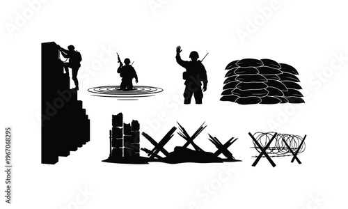 Military obstacles and soldiers vector silhouette illustration, army defense objects