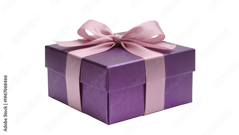 Fototapeta premium Purple gift box with pink ribbon and bow, isolated on transparent background