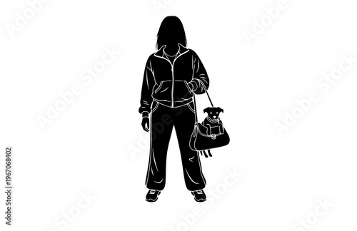 Y2K Celebrity with Purse Dog Silhouette Sticker, Retro Starlet Fashion Vector, Playful 2000s Nostalgia Icon Illustration