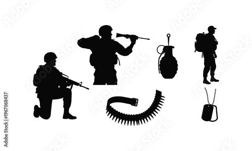 Soldiers and military equipment vector silhouette illustration set, army line art graphic