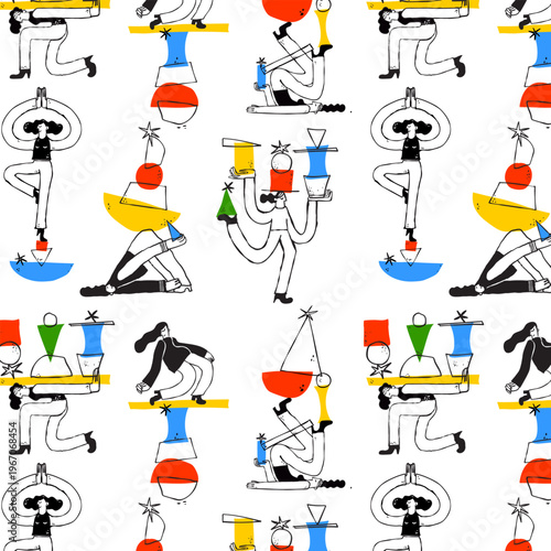 Life balance and mental health naive seamless pattern bold vector isolated cute illustrations of female characters balancing geometric shapes for sticker print and branding