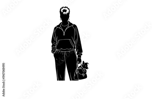 Y2K Celebrity with Purse Dog Silhouette Sticker, Retro Starlet Fashion Vector, Playful 2000s Nostalgia Icon Illustration