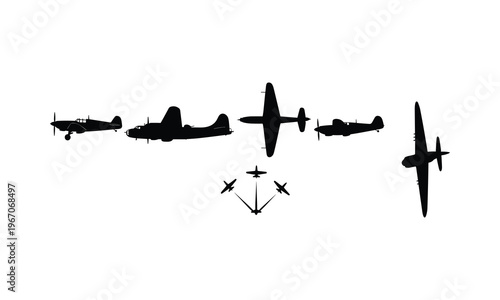 Vintage propeller warplane silhouette collection in vector line art for historical design