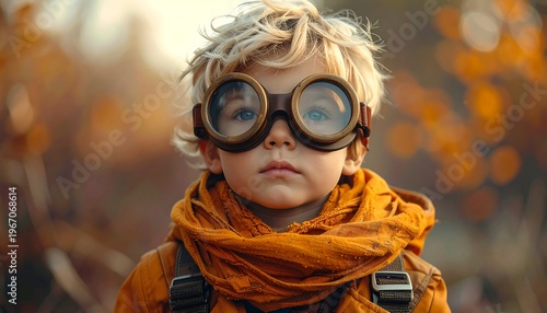 A young, fair-haired child wearing retro goggles and an orange scarf looks directly at the viewer with a thoughtful expression