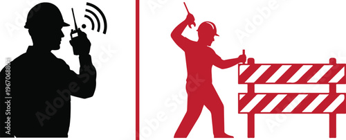 A black and white vector graphic featuring a silhouette of a worker using a handheld tool on the left, and a silhouette of a worker signaling with a raised hand on the right.