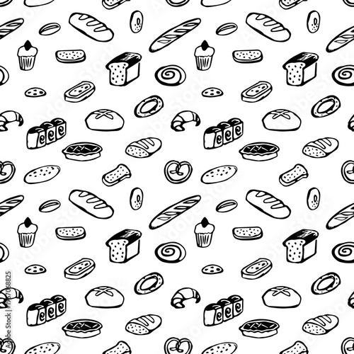 Rustic hand drawn vector seamless bakery pattern with bread illustrations for restaurant branding, kitchen textiles and food packaging.