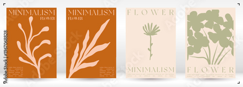 Trendy Groovy Vector Illustration Set in Matisse style. Floral Retro Art Card.  Plants, flowers and leaves in hand drawn style.