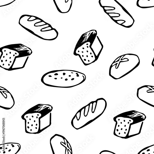 Vintage bakery seamless vector pattern with artisan bread and pastries in hand sketched style for wrapping and menu decoration, bakery food branding.