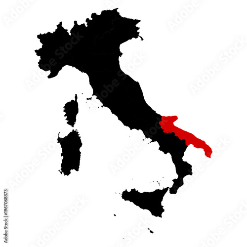 Puglia province highlighted on Italy map with clear regional boundaries, accurate geographic proportions