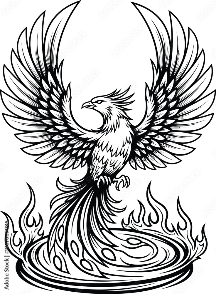 Fototapeta premium Mythical Phoenix Bird Rising from Flames Illustration.