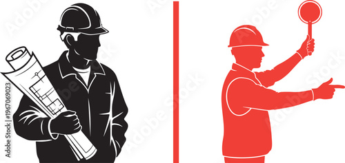 A vector illustration featuring a black silhouette of a worker using a sledgehammer on the left and a blue icon of a worker using a chainsaw on the right.