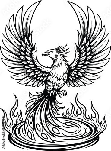 Принти на полотні Mythical Phoenix Bird Rising from Flames Illustration.