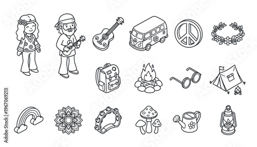 A collection of hippie and psychedelic icons and symbols.