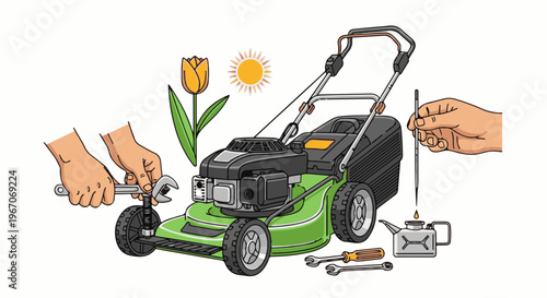 Lawn mower maintenance with tools, a tulip, and the sun