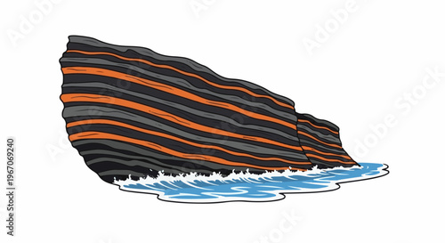 Layered cliff face eroded by ocean waves, stylized graphic
