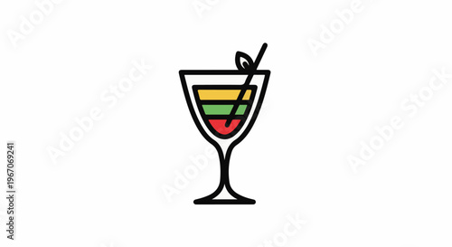 Layered colorful cocktail in a martini glass with a straw