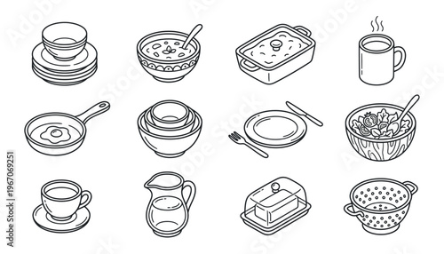 A collection of breakfast food and drink icons.