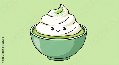 Cute Matcha Dessert with Whipped Cream and Happy Face