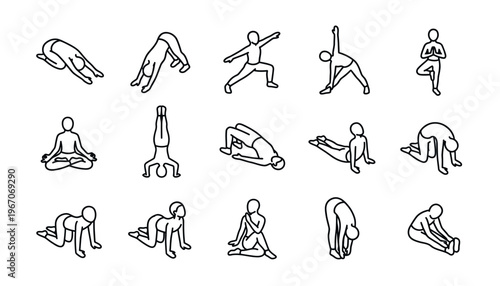 Collection of various yoga poses illustrations.
