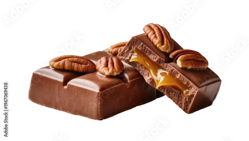Tableau sur toile Rich milk chocolate bar with gooey caramel filling and pecans, isolated on trans