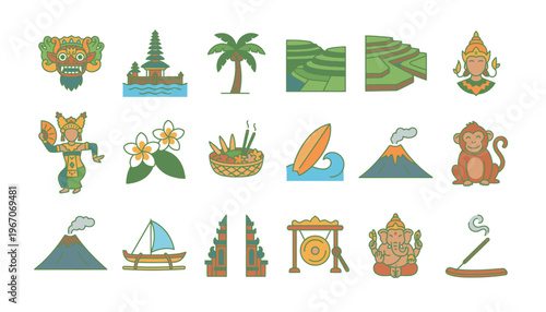 Collection of travel icons and landmarks.